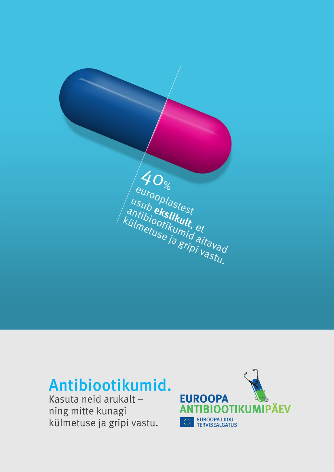Plakat: Antibiootikumid. Kasuta neid arukalt – ning mitte kunagi külmetuse ja gripi vastu.