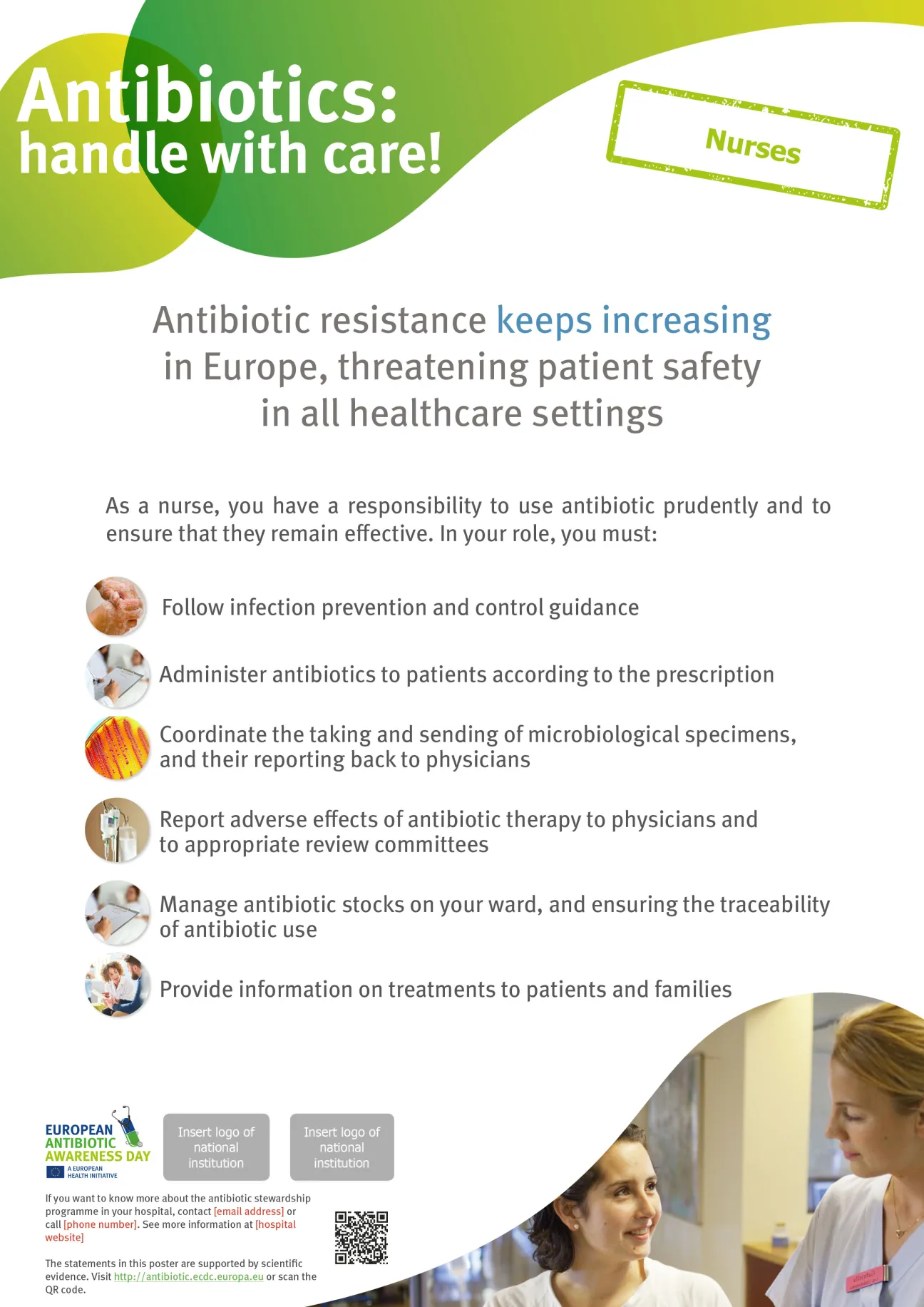 Poster for nurses in hospitals and healthcare settings: Things to do to keep antibiotics working.