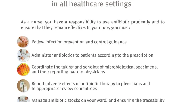 Poster for nurses in hospitals and healthcare settings: Things to do to keep antibiotics working.