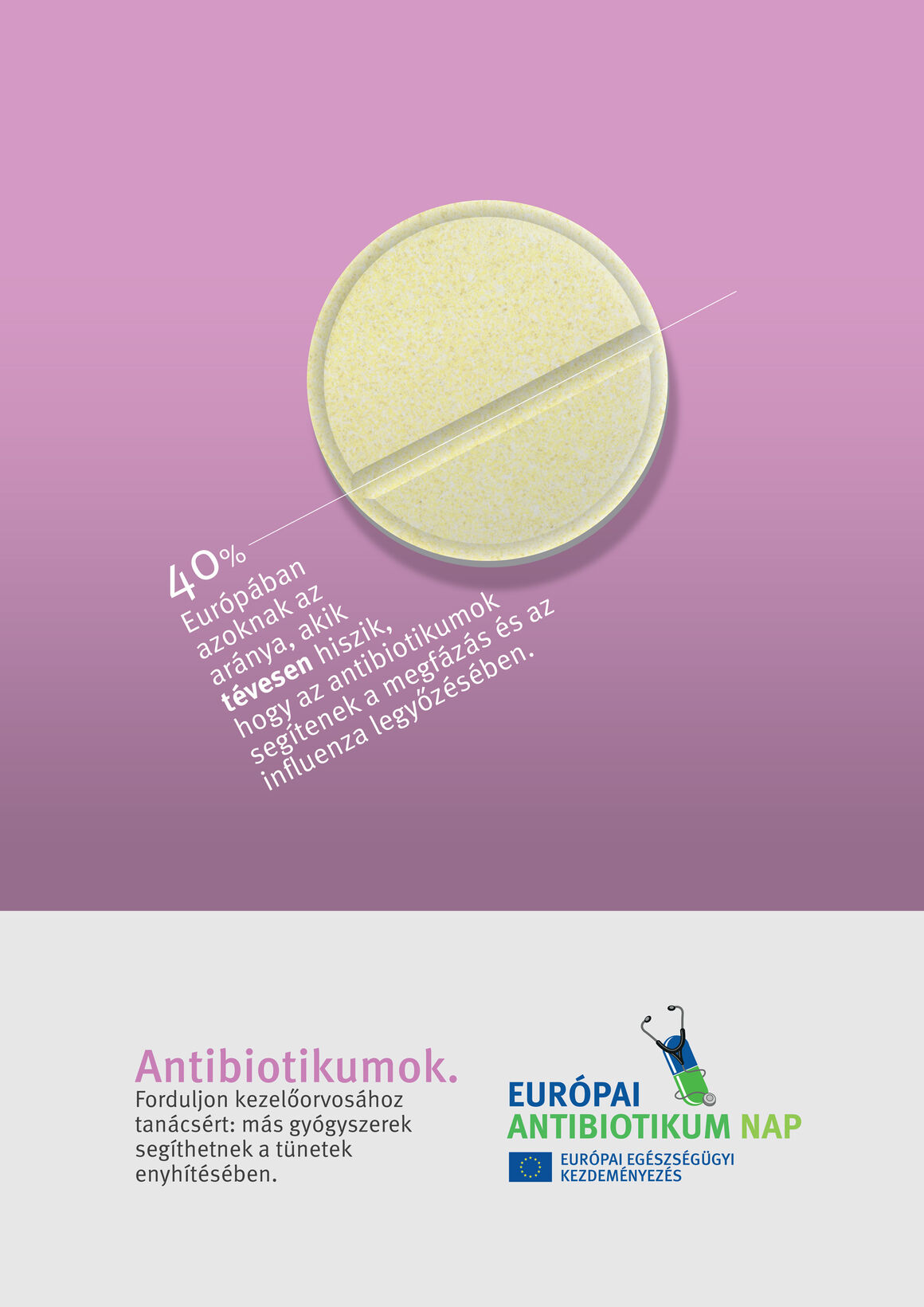 Plakátok: Antibiotikumok. Forduljon kezelőorvosához tanácsért: más gyógyszerek segíthetnek a tünetek enyhítésében.