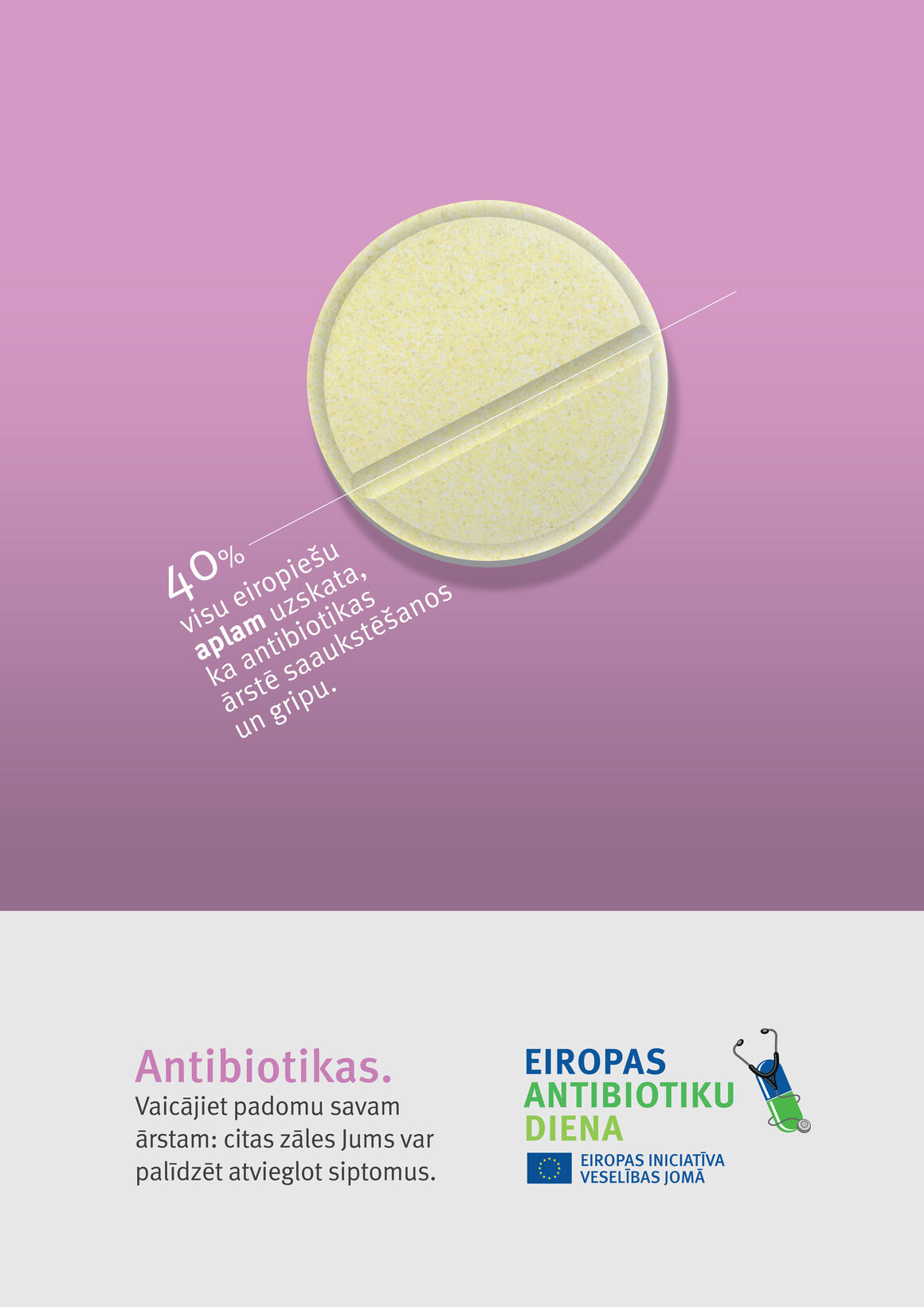 Plakāti: Antibiotikas. Vaicājiet padomu savam ārstam: citas zāles Jums var palīdzēt atvieglot siptomus.