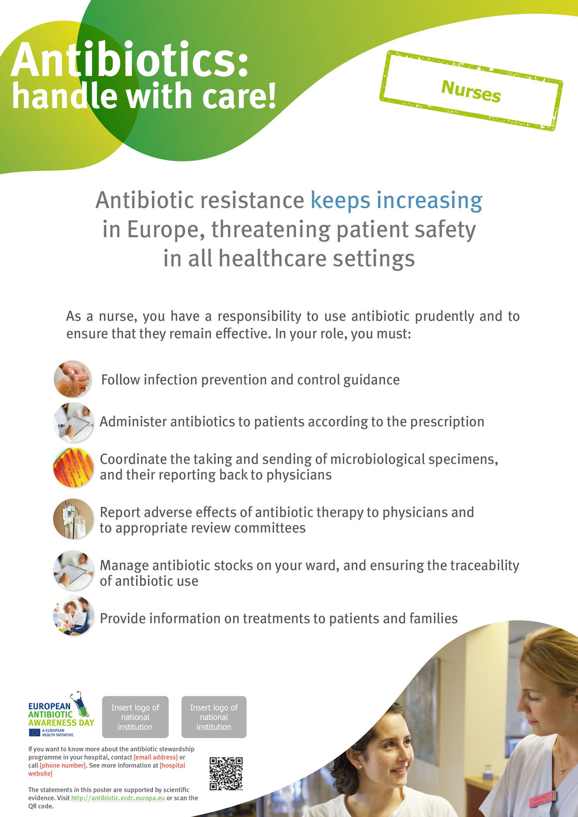 Poster for nurses in hospitals and healthcare settings: Things to do to keep antibiotics working.