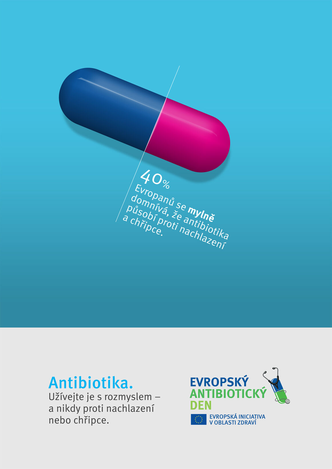 Plakát: Antibiotika.Užívejte je s rozmyslem – a nikdy proti nachlazení nebo chřipce.