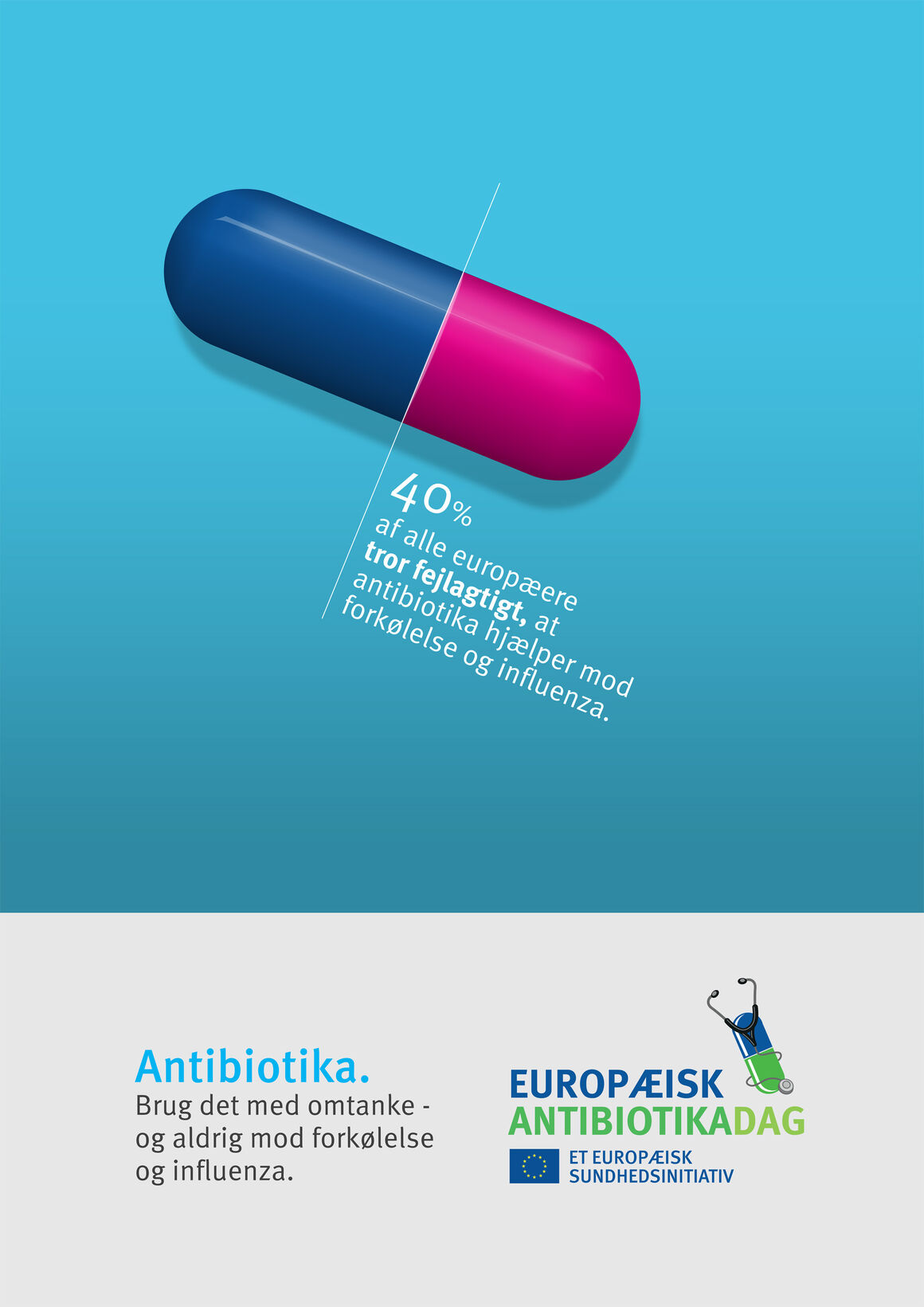 Plakat: Antibiotika. Brug det med omtanke - og aldrig mod forkølelse og influenza.