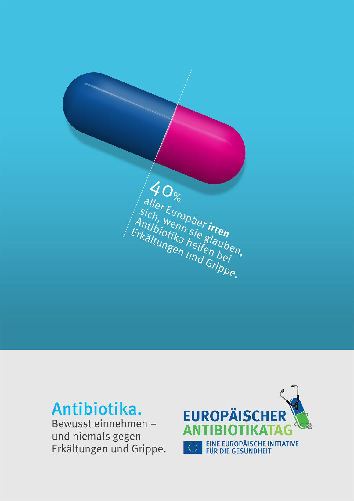 Poster: Antibiotika. Bewusst einnehmen – und niemals gegen Erkältungen und Grippe.