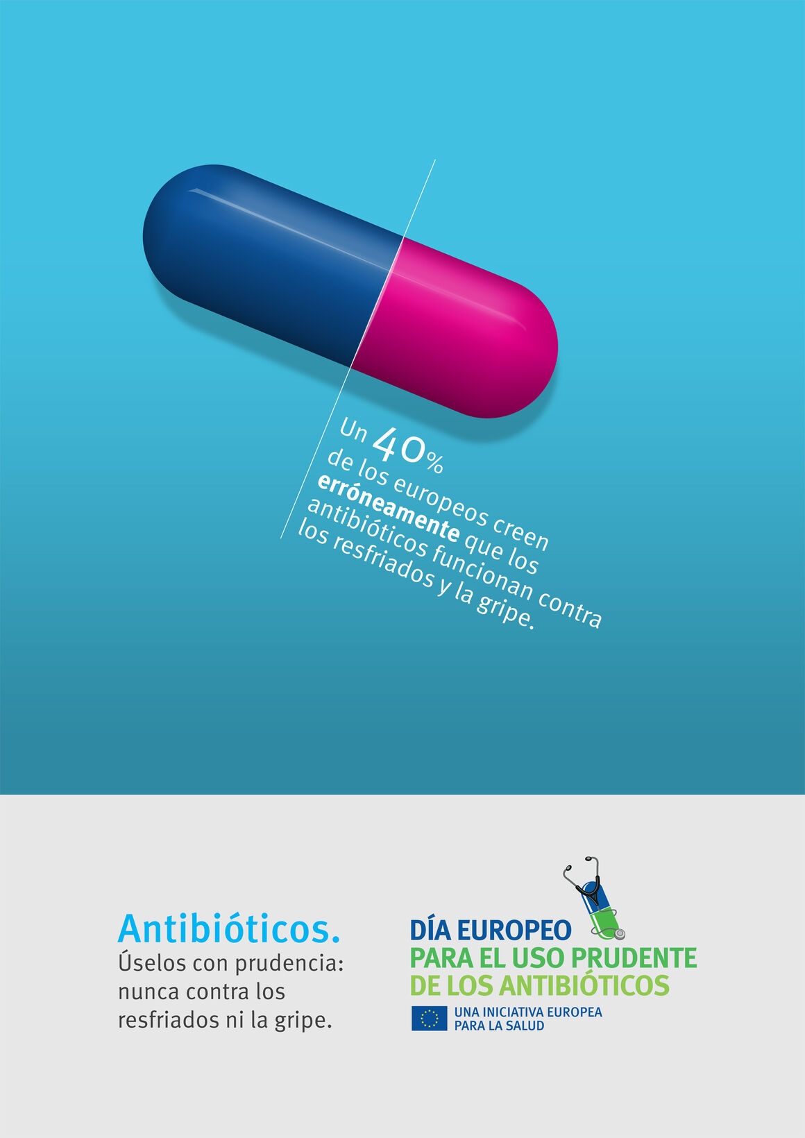 Cartel: Antibióticos. Úselos con prudencia: nunca contra los resfriados ni la gripe.