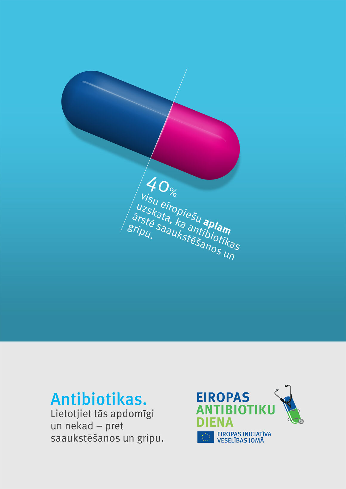 Plakātu: Antibiotikas. Lietotjiet tās apdomīgi un nekad – pret saaukstēšanos un gripu.