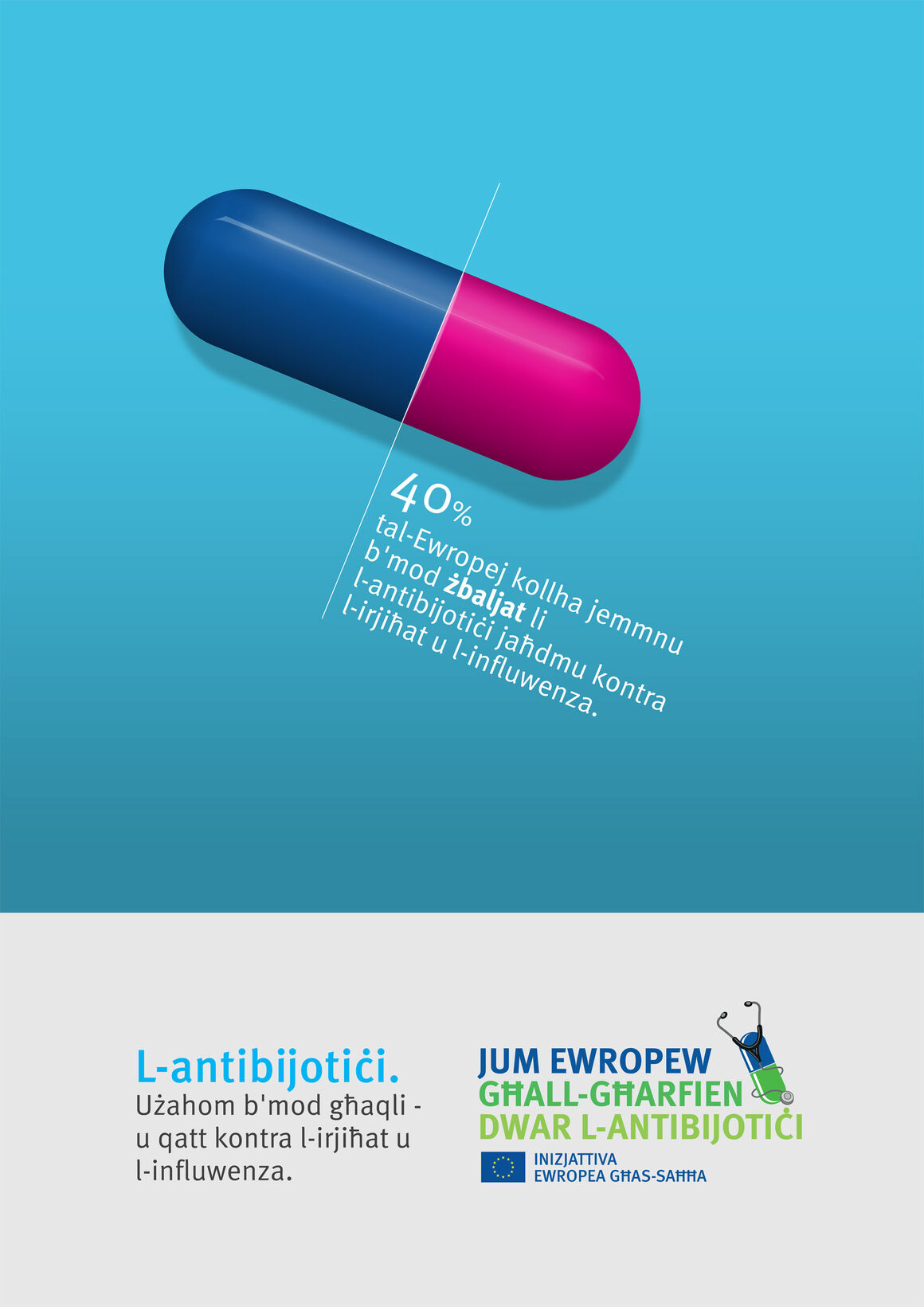 Poster: L-antibijotiċi. Użahom b'mod għaqli - u qatt kontra l-irjiħat u l-influwenza.