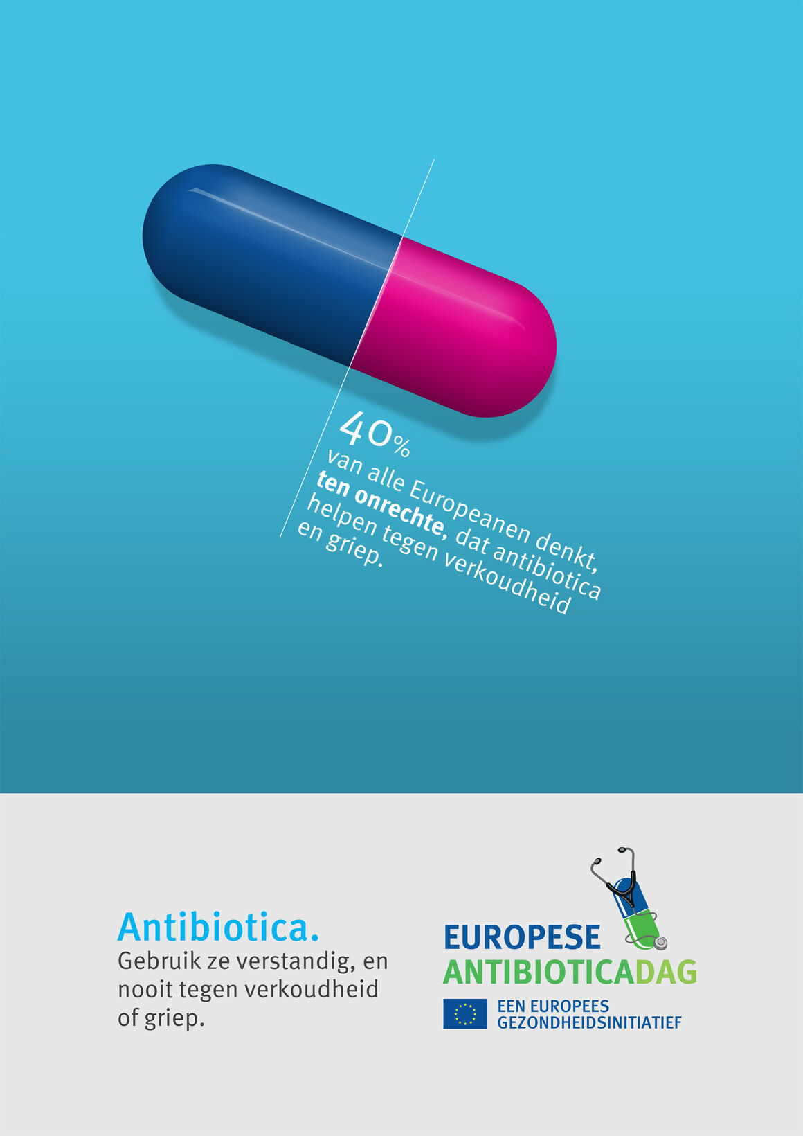 Poster: Antibiotica. Gebruik ze verstandig, en nooit tegen verkoudheid of griep.