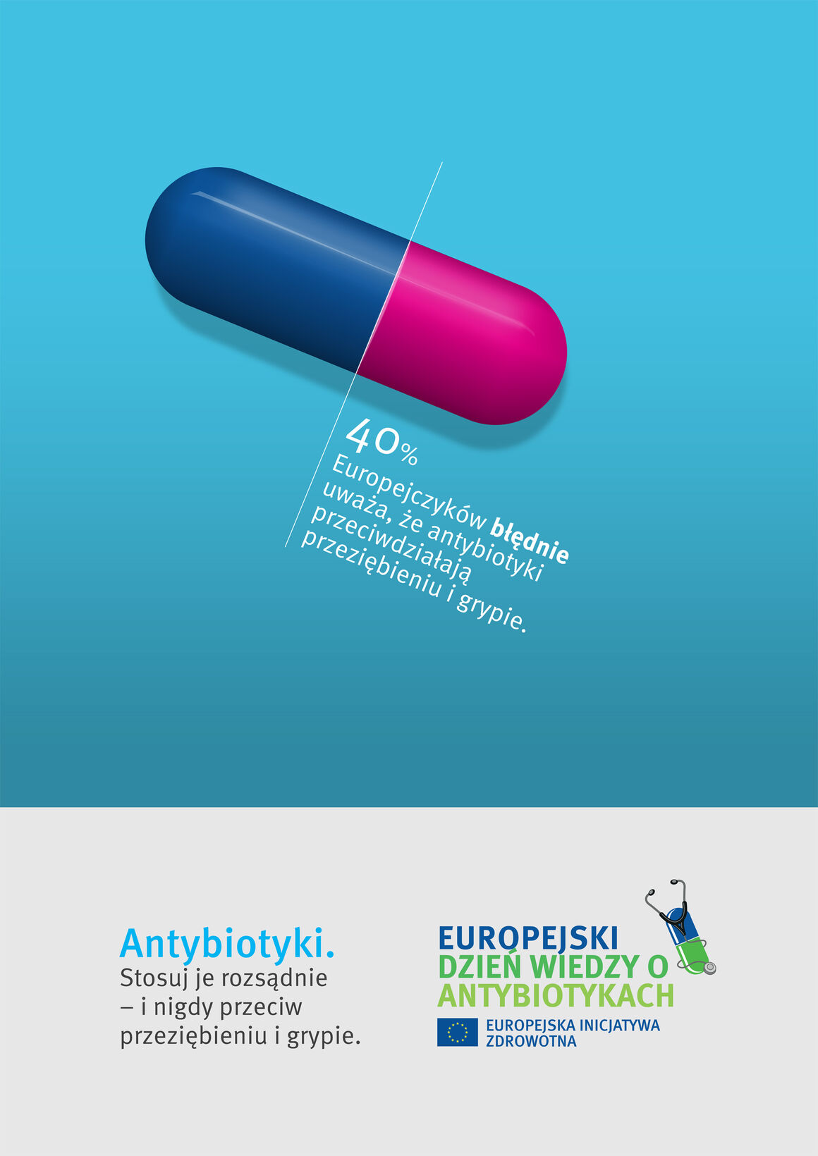 Plakat: Antybiotyki. Stosuj je rozsądnie – i nigdy przeciw przeziębieniu i grypie.
