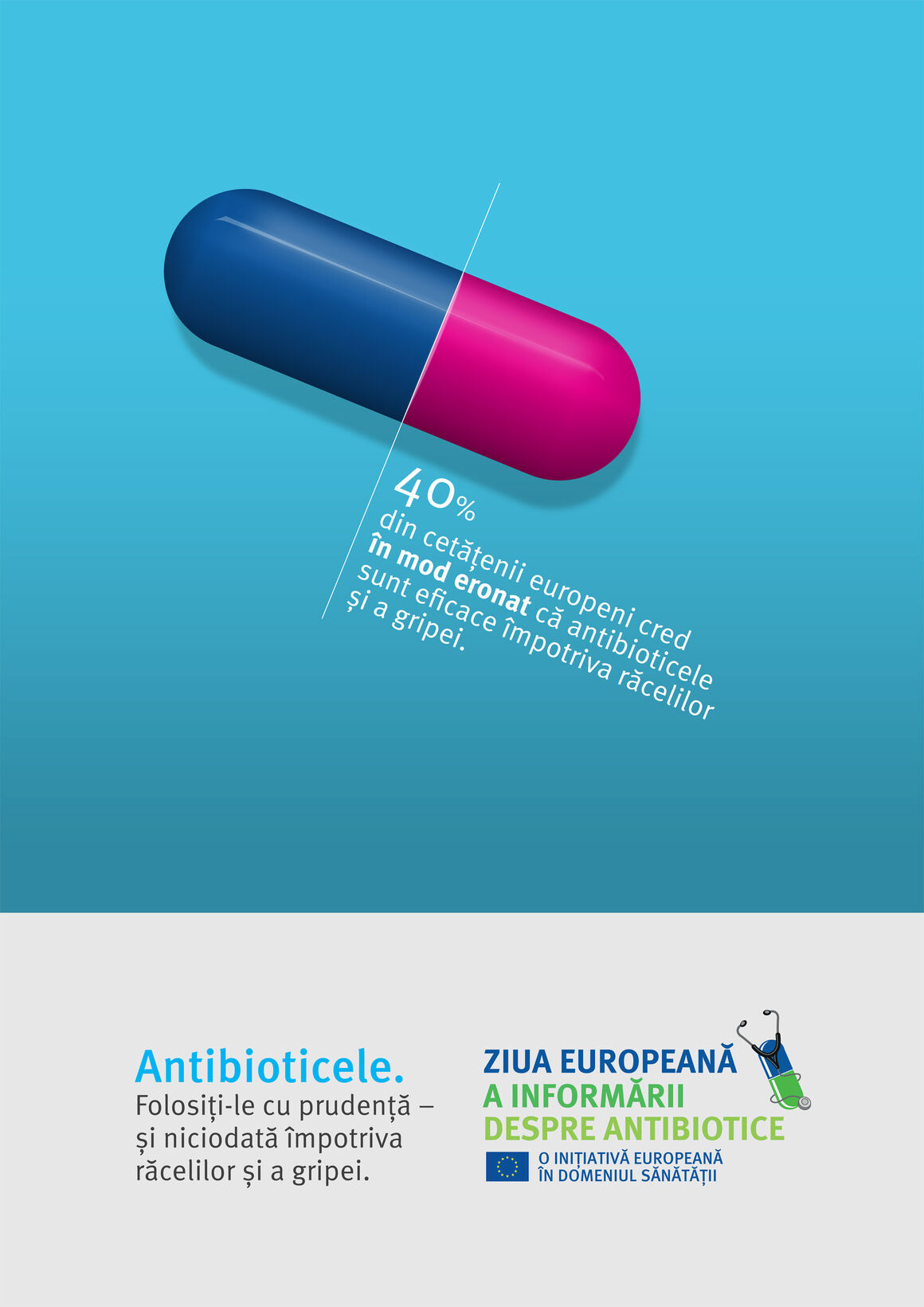 Afiș: Antibioticele. Folosiți-le cu prudență – și niciodată împotriva răcelilor și a gripei.
