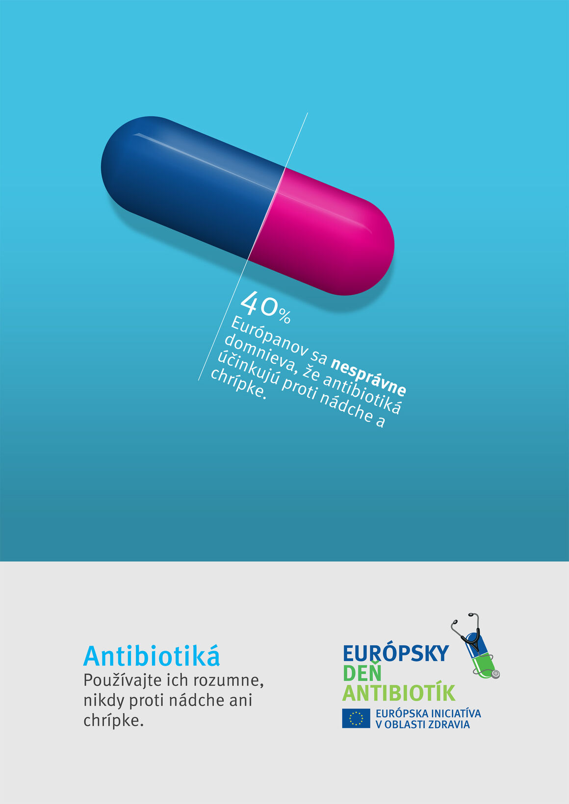 Poster: Antibiotiká. Používajte ich rozumne, nikdy proti nádche ani chrípke.