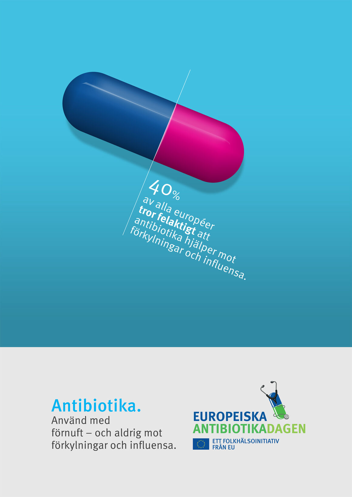 Affisch: Antibiotika. Använd med förnuft – och aldrig mot förkylningar och influensa.